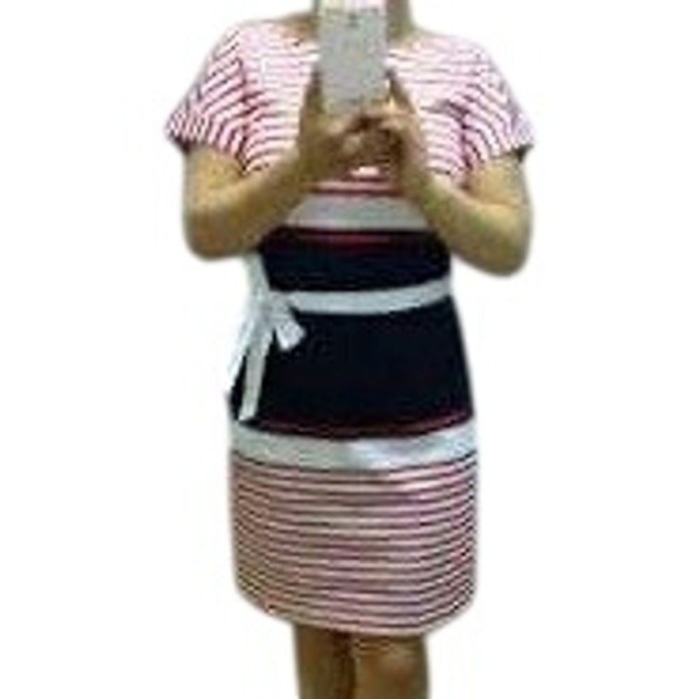 Tommy Hilfiger Red White Blue Striped Short Sleeve Belted Sheath Dress Size 10